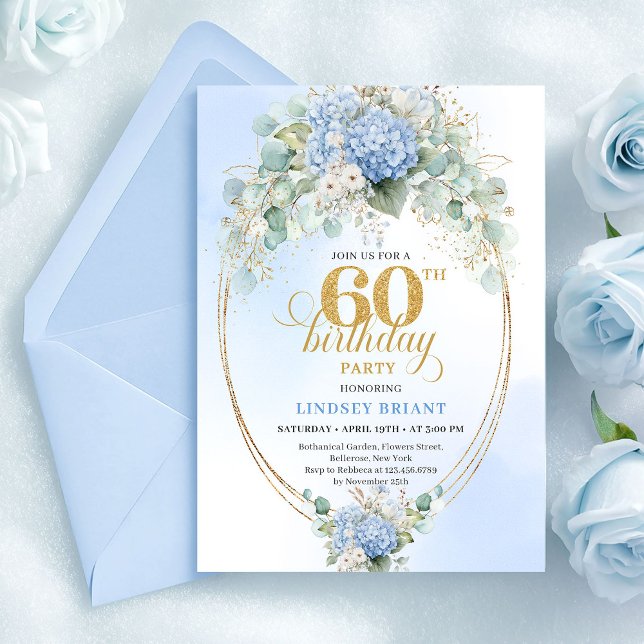 Invitation Chic Rustic Soft Blue Hydrangeas Gold 60 Birthday (Chic Rustic Soft Blue Hydrangeas Gold 60th Birthday)
