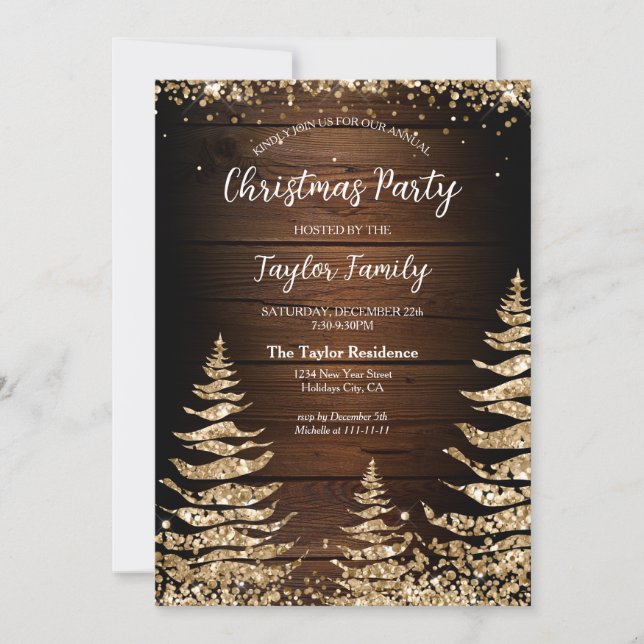 Invitation Chic RusticWood Parties scintillant Christmas Tree (Devant)