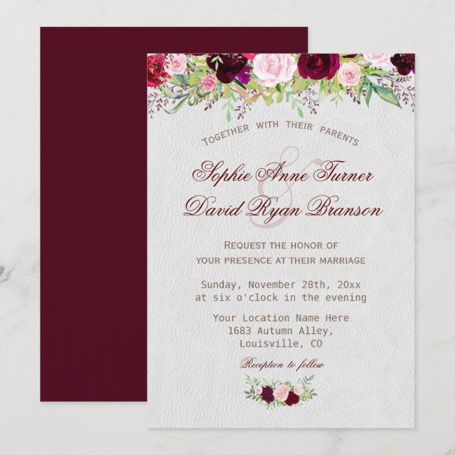 Invitation Chic Rustique Bourgogne Marsala Floral Mariage (Devant / Derrière)