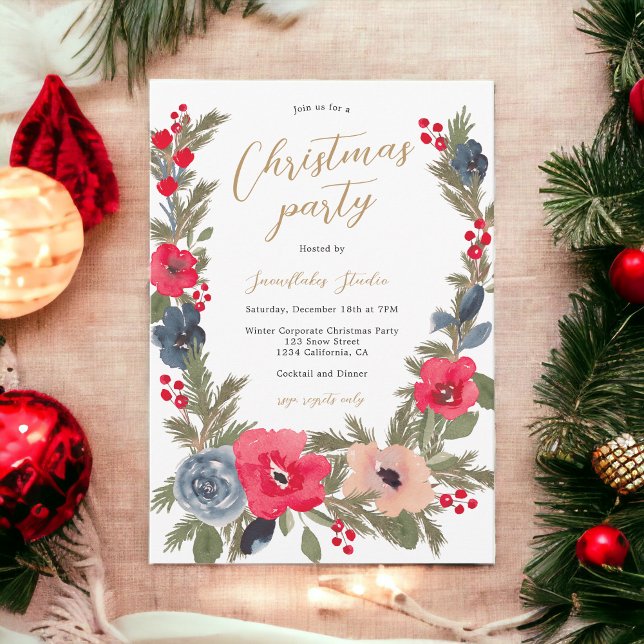 Invitation Chic rustique hiver Floral Aquarelle Noël (Rustic chic Winter Floral Watercolor Christmas Invitation)