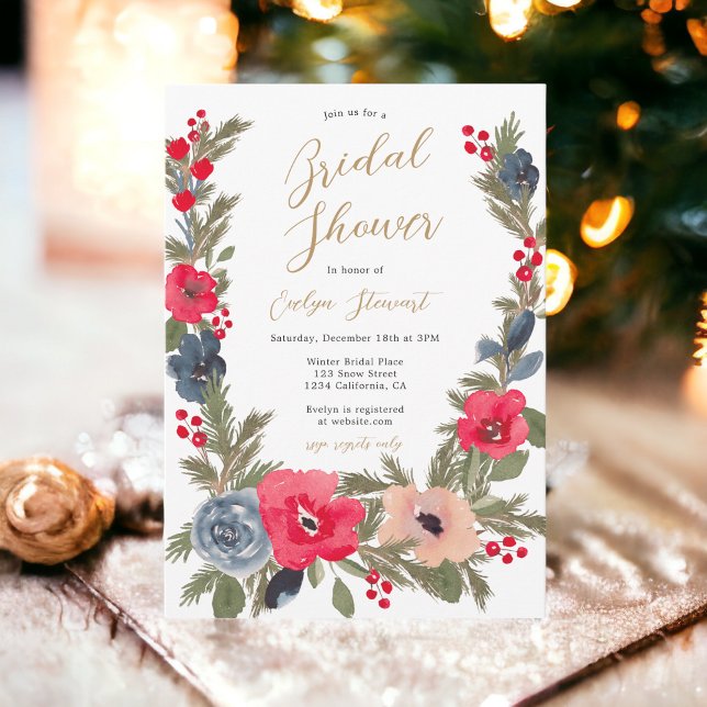 Invitation Chic rustique hiver Floral Watercolor douche nupti (Rustic chic Winter Floral Watercolor bridal shower Invitation)