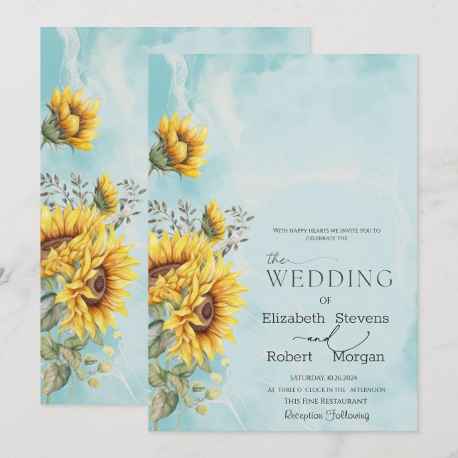 Invitation Chic Rustique Tournesols Bleu Mariage  (Devant / Derrière)