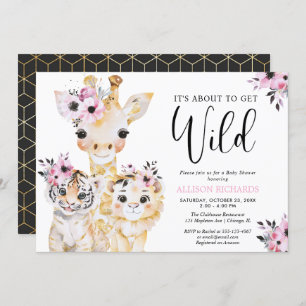 Invitation Chic safari rose noir baby shower fille