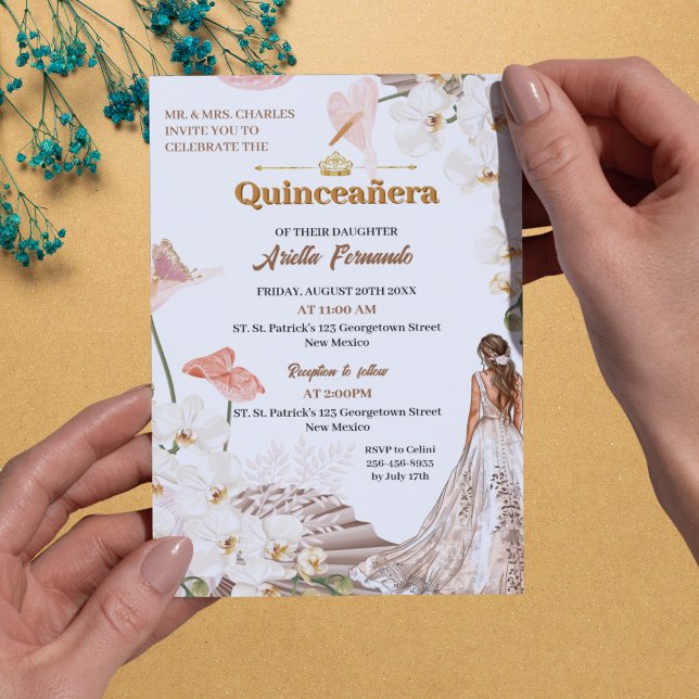 Invitation Chic Sage & Blush Floral Quinceañera (Chic Sage & Blush Floral Quinceañera Invitation with Gold Accents)