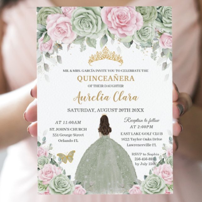 Invitation Chic Sage Green Baby rose Floral or Quinceañera (Créateur téléchargé)
