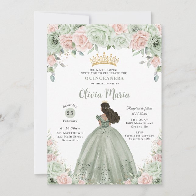 Invitation Chic Sage Green Blush Floral Princess Quinceañera (Devant)