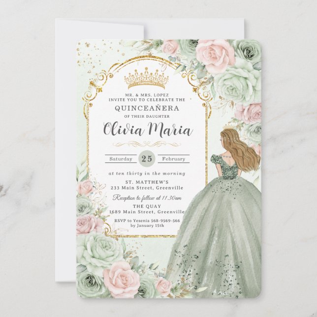 Invitation Chic Sage Green Blush Floral Princess Quinceañera (Devant)