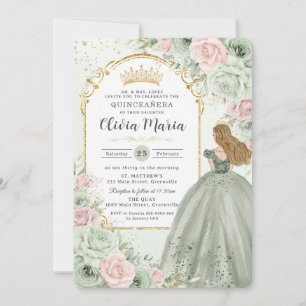 Invitation Chic Sage Green Blush Floral Princess Quinceañera