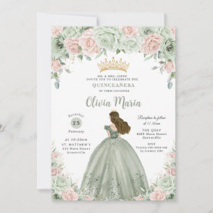Invitation Chic Sage Green Blush Floral Princess Quinceañera