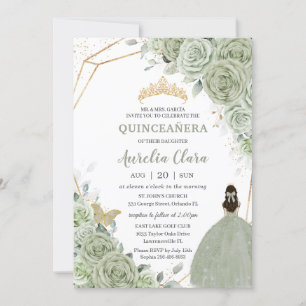 Invitation Chic Sage Green Floral Princesse Gold Quinceañera