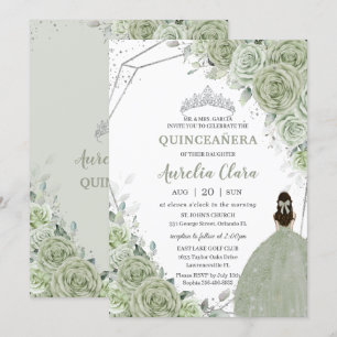 Invitation Chic Sage Green Floral Princesse Silver Quinceañer