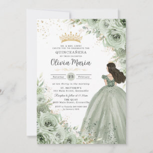 Invitation Chic Sage Green Floral Rose Princesse Quinceañera