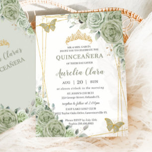 Invitation Chic Sage Green Papillons Floraux Quinceañera