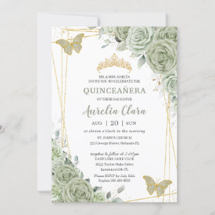 Invitation Chic Sage Green Papillons Floraux Quinceañera