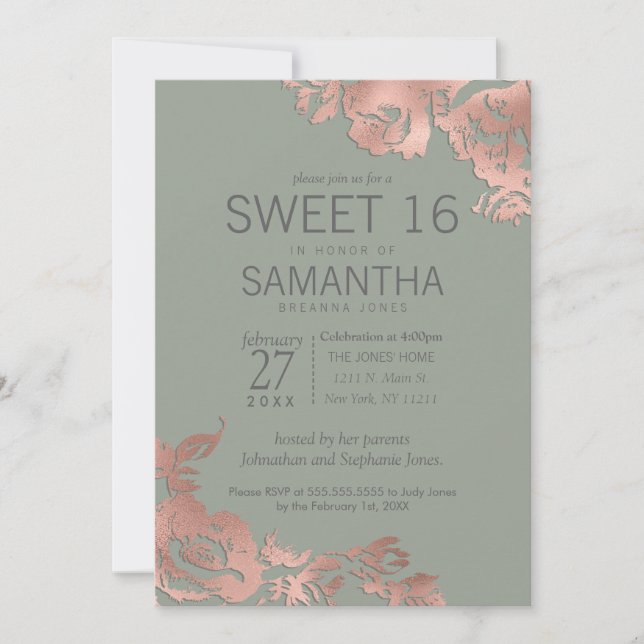 Invitation Chic Sage Green Rose Gold Floral Sweet 16 (Devant)