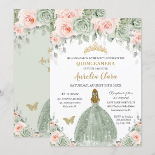 Invitation Chic Sage Vert Blush Floral Blonde Quinceañera
