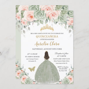 Invitation Chic Sage Vert Blush Floral Or Quinceañera XV