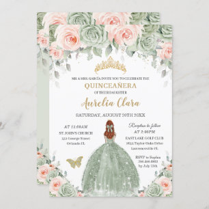 Invitation Chic Sage Vert Blush Floral Rouge Cheveux Quinceañ
