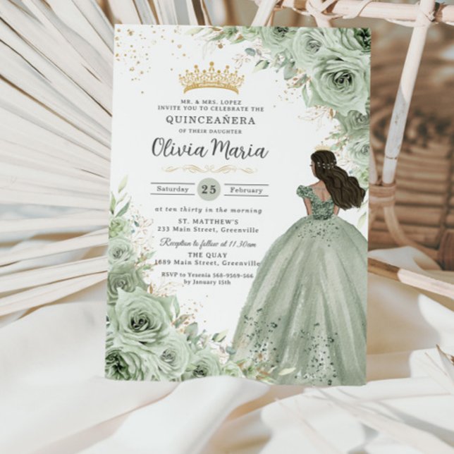 Invitation Chic Sage Vert Floral Brown Princesse Quinceañera (Créateur téléchargé)