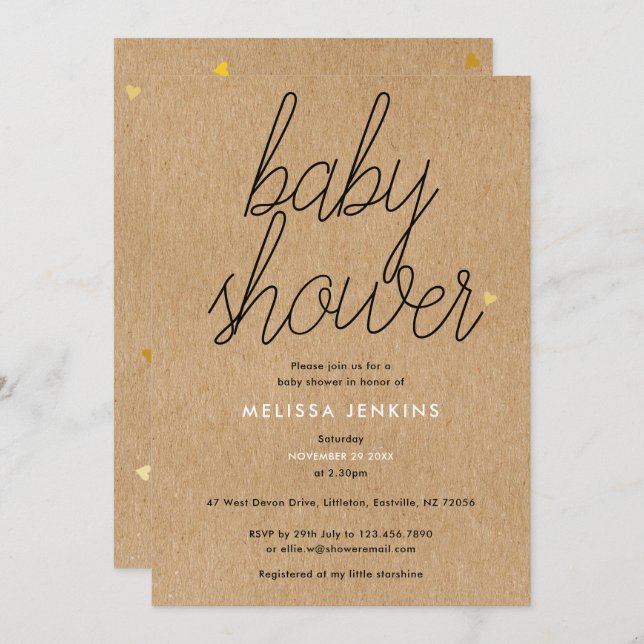 Invitation Chic Script Baby shower Gold Coeurs Rustique Kraft (Devant / Derrière)