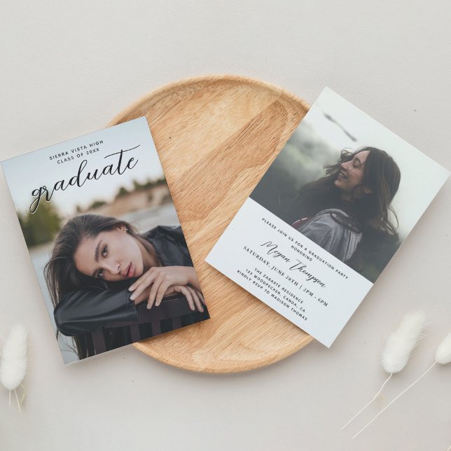 Invitation Chic Script Black Two Photo Graduation Party (Créateur téléchargé)