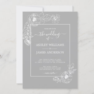 Invitation Chic Script Blanc Floral Outline Gris Mariage