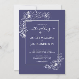 Invitation Chic Script Blanc Floral Outline Marine Blue Maria