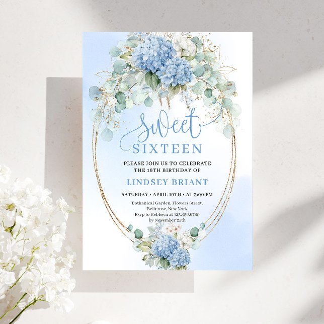 Invitation Chic Script Blue Hydrangea Gold Sweet Sixteen (Chic Script Blue Hydrangea Gold Sweet Sixteen)