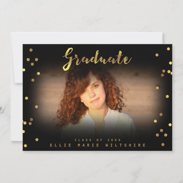 Invitation Chic Script Faux Gold Foil Confetti Graduate Photo (Devant)