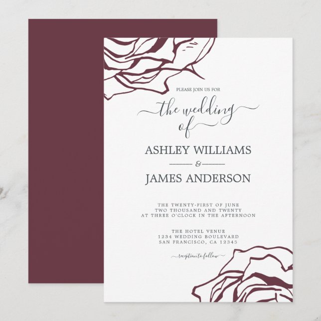 Invitation Chic Script Floral Outline Bourgogne Rose Mariage (Devant / Derrière)