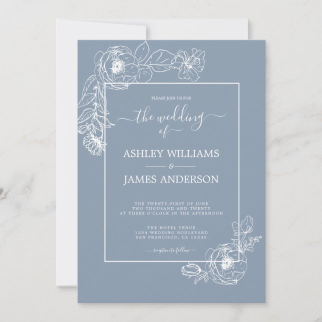 Invitation Chic Script Floral Outline Dusty Blue Mariage (Devant)