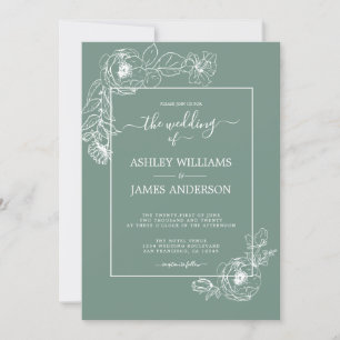 Invitation Chic Script Floral Outline Dusty Green Mariage