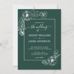 Invitation Chic Script Floral Outline Mariage vert foncé