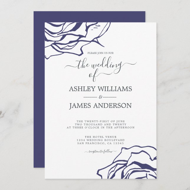 Invitation Chic Script Floral Outline Navy Rose bleu Mariage (Devant / Derrière)
