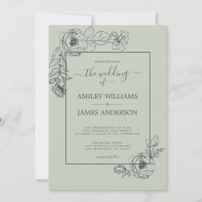 Invitation Chic Script Floral Outline Pastel Green Mariage (Devant)
