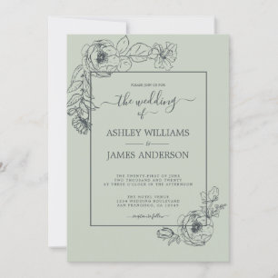 Invitation Chic Script Floral Outline Pastel Green Mariage