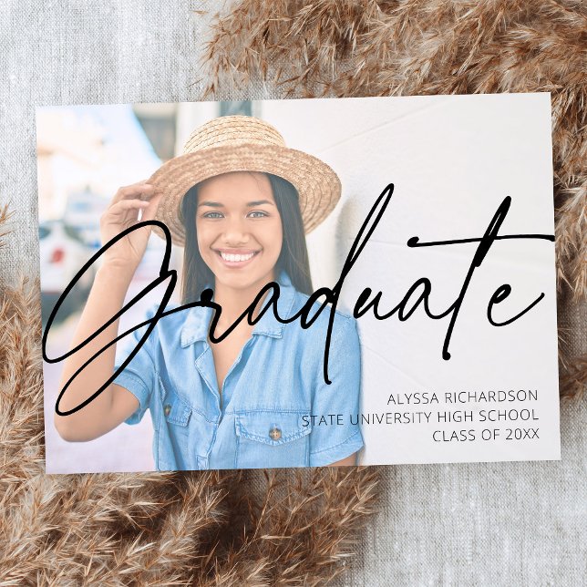 Invitation Chic Script H Photo Graduation Party Blanc (Créateur téléchargé)