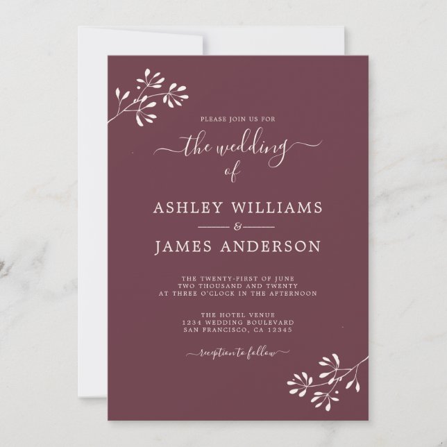 Invitation Chic Script Ivoire Foliage Bourgogne Mariage (Devant)