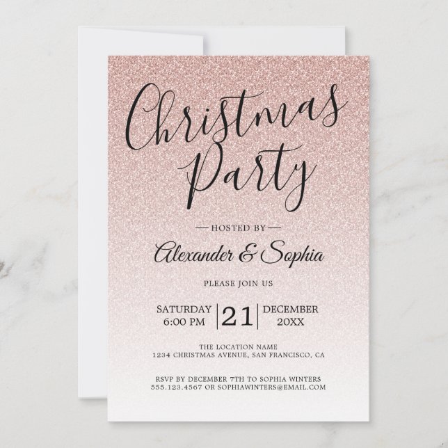 Invitation Chic Script Parties scintillant rose Ombre Noël Pa (Devant)