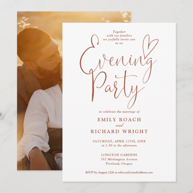 Invitation Chic Script Photo Terracotta Mariage Soirée (Devant / Derrière)