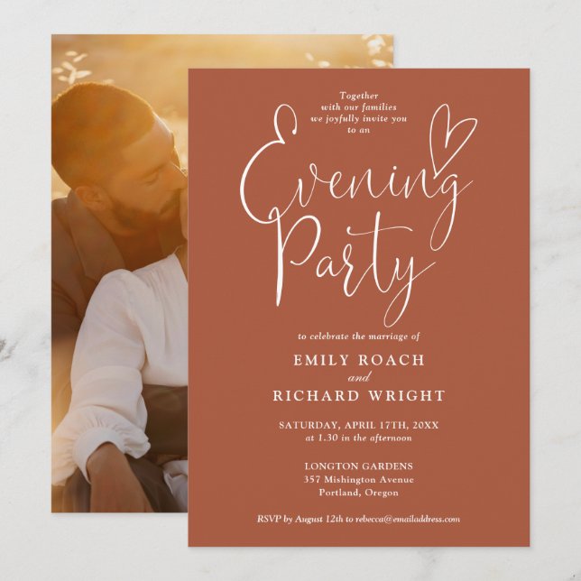 Invitation Chic Script Photo Terracotta Mariage Soirée (Devant / Derrière)