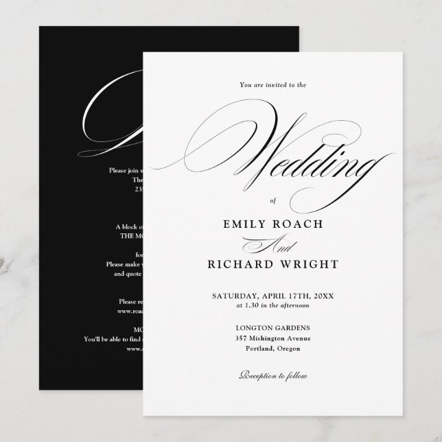 Invitation Chic Script Tout En Un Mariage Noir Et Blanc (Devant / Derrière)