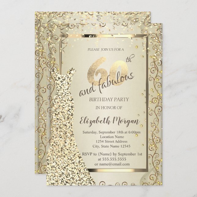 Invitation Chic Sequins Robe Or 60e anniversaire (Devant / Derrière)