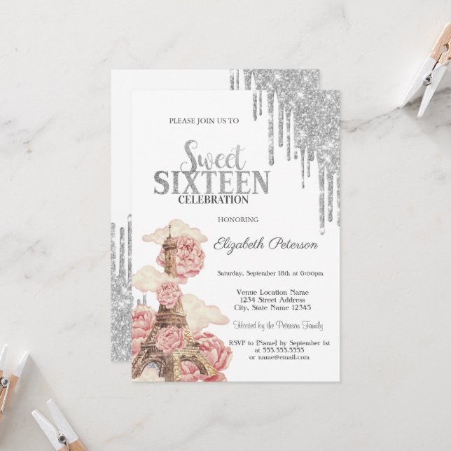 Invitation Chic Silver Drips,Eiffel Tower Peonies Sweet 16 (Devant/Arrière en situation)