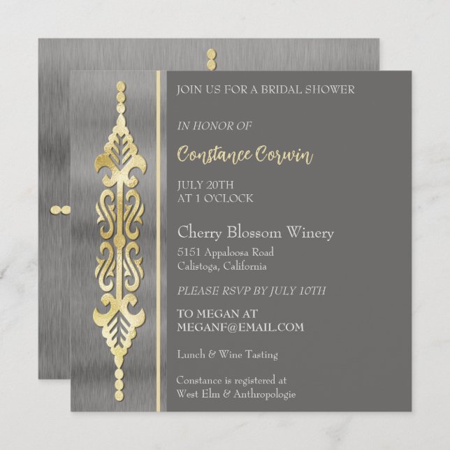 Invitation Chic Silver et Gold de douche nuptiale (Devant / Derrière)