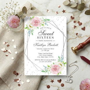 Invitation Chic Silver Foil Floral Sweet 16 Anniversaire