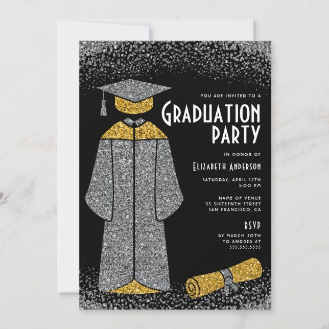 Invitation Chic Silver Gold Parties scintillant Graduation Pa (Devant)