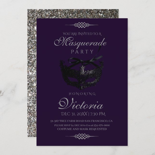 Invitation Chic Silver Masquerade Party Anniversaire (Devant / Derrière)