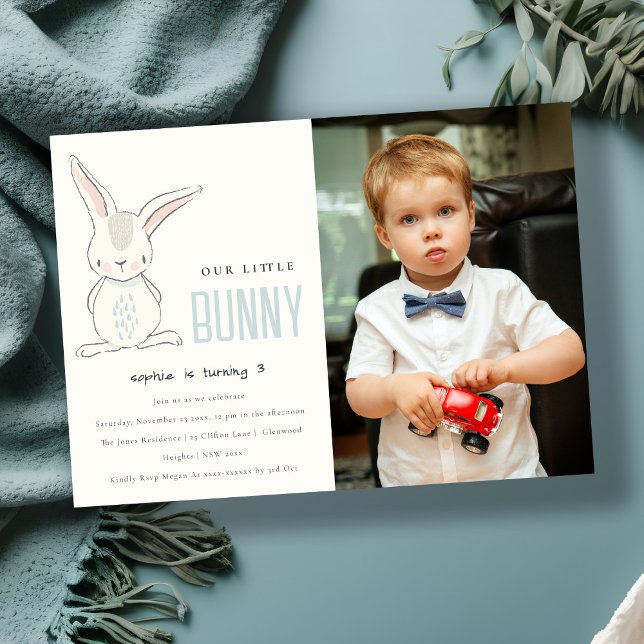 Invitation Chic Simple Cute Blue Bunny Boys Photo Kids (Créateur téléchargé)