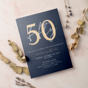Invitation Chic Simple Minimaliste Blue Gold 50e anniversaire